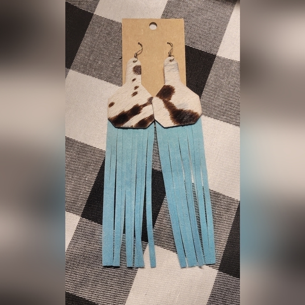NWOT leather cow tag turquoise fringe earrings, long